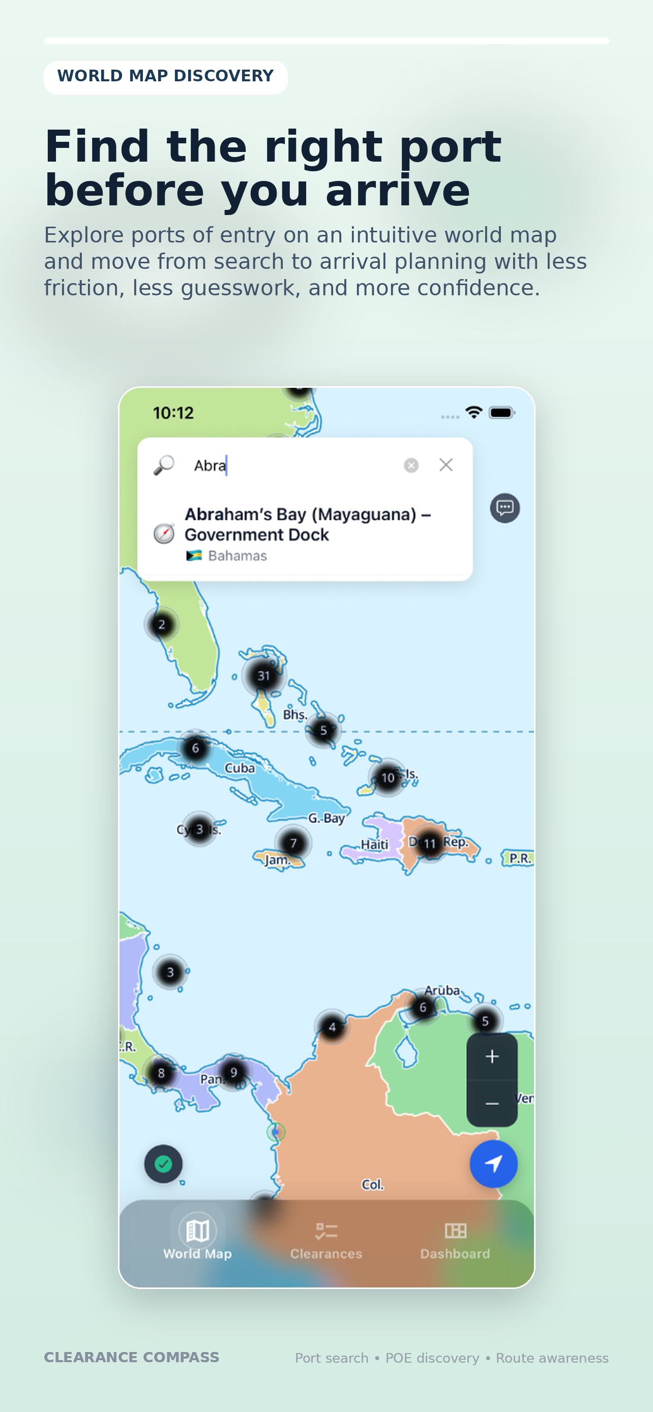 Clearance Compass world map discovery screen showing ports of entry on a map